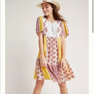 Anthropologie Yellow Pink Multi-Print Midi Dress